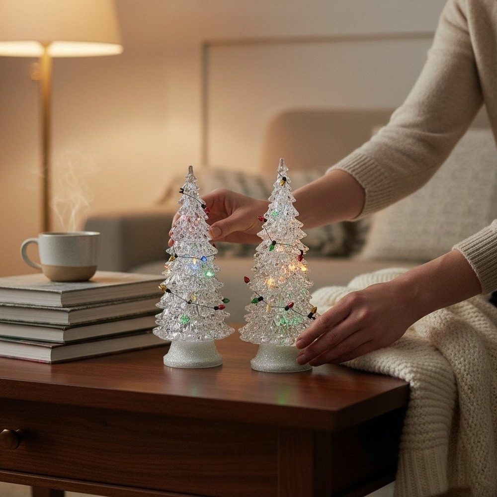 Floral Light Up Acrylic Christmas Tree Set 2 Clear 7.5in New Glitter Base B10800